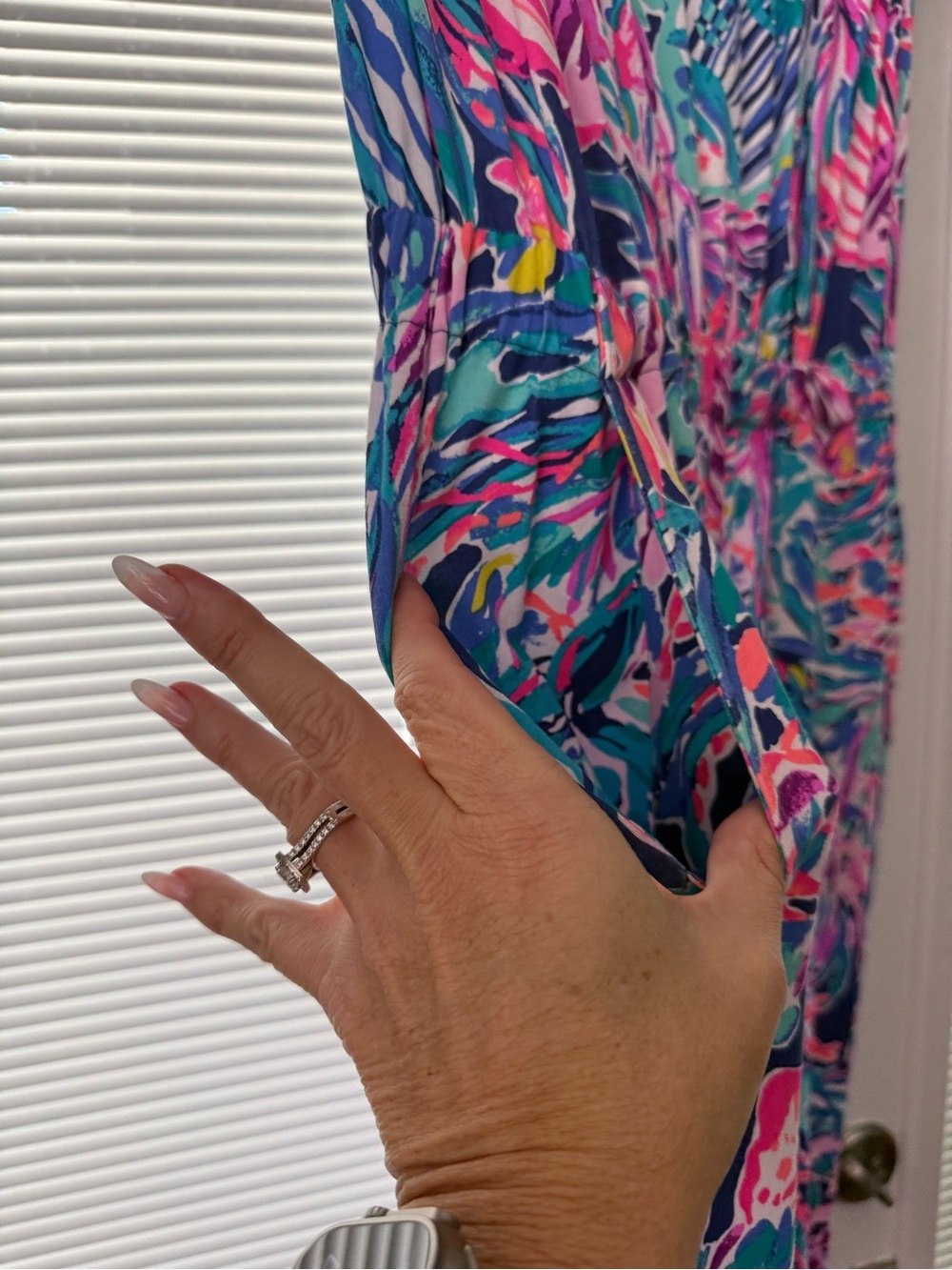 Lilly Pulitzer Off-Shoulder Tropical Leaf Print Jumpsuit in Pink & Teal - Picture 4 of 5